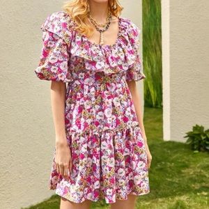Floral Print Ruffle Trim Dress